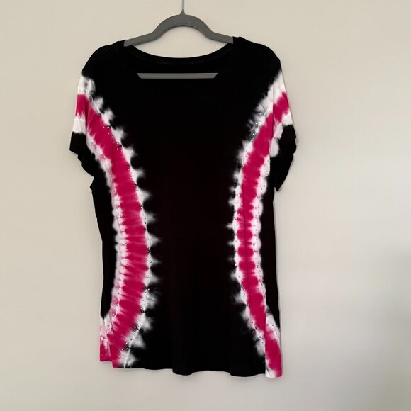 Tye-Dye T-Shirt Short Sleeve Round Neck Black Pink Large - Picture 1 of 4